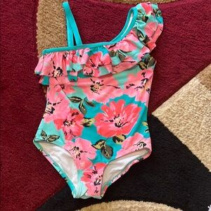 Pink and Green One Piece Swimsuit with Asymmetrical Ruffle